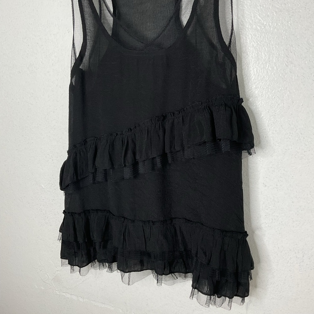 Cecico Ruffled Tulle Mesh Tank Top Black Small Gothic Edgy Racerback - Picture 6 of 8
